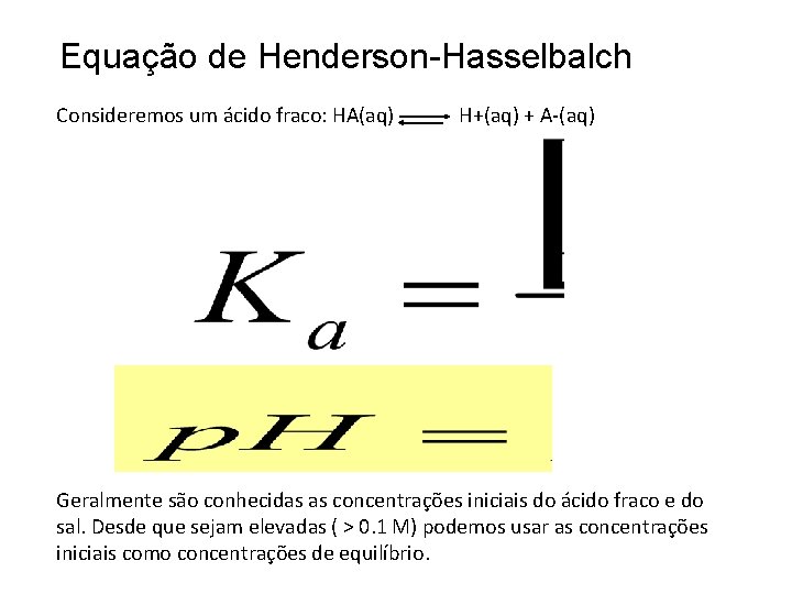 Equação de Henderson-Hasselbalch Consideremos um ácido fraco: HA(aq) H+(aq) + A-(aq) Geralmente são conhecidas