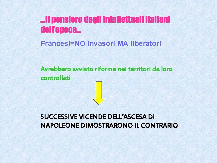 …Il pensiero degli intellettuali italiani dell’epoca… Francesi=NO invasori MA liberatori Avrebbero avviato riforme nei