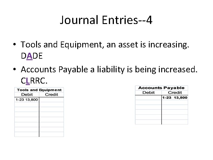 Journal Entries--4 • Tools and Equipment, an asset is increasing. DADE • Accounts Payable