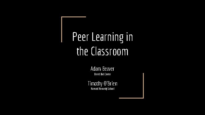 Peer Learning in the Classroom Adam Beaver Derek
