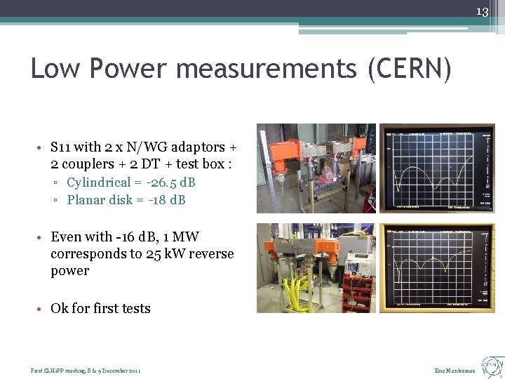 13 Low Power measurements (CERN) • S 11 with 2 x N/WG adaptors +