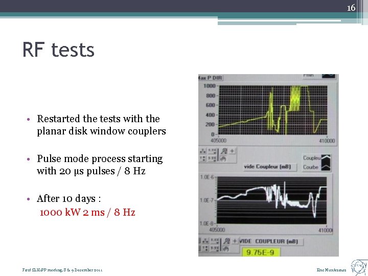 16 RF tests • Restarted the tests with the planar disk window couplers •