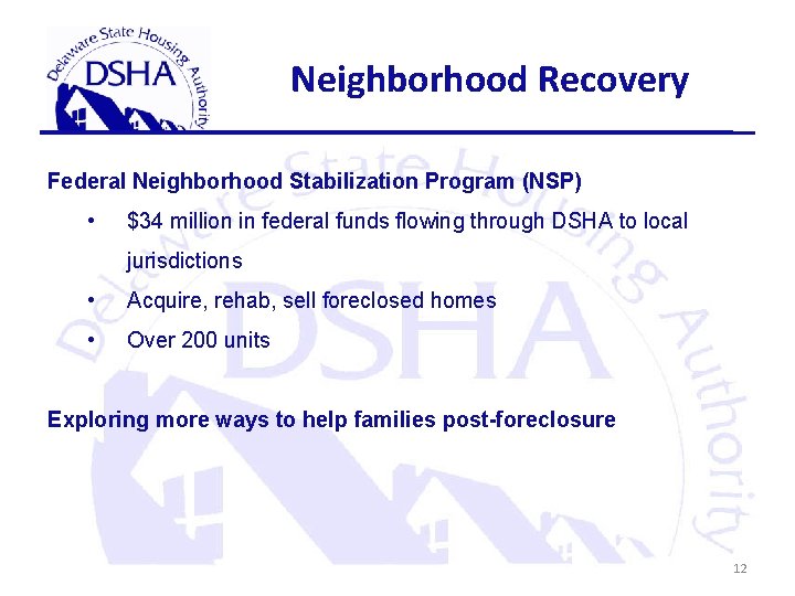 Neighborhood Recovery Federal Neighborhood Stabilization Program (NSP) • $34 million in federal funds flowing