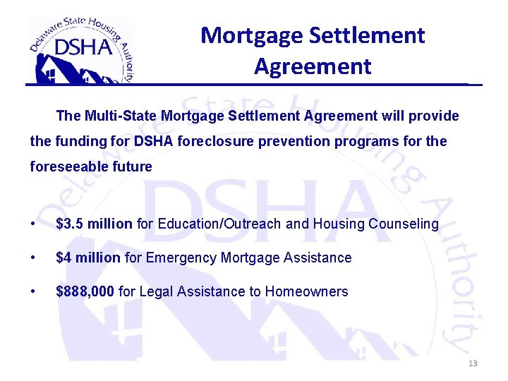 Mortgage Settlement Agreement The Multi-State Mortgage Settlement Agreement will provide the funding for DSHA