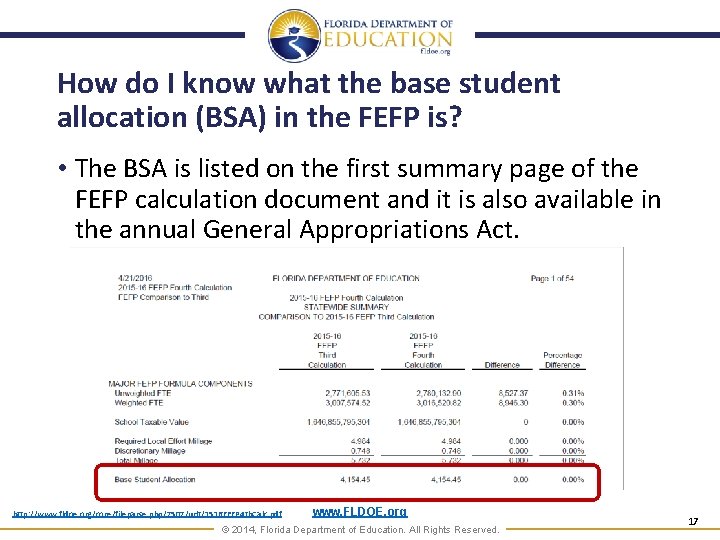 How do I know what the base student allocation (BSA) in the FEFP is?