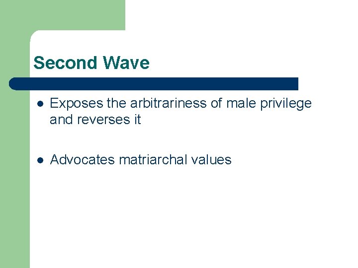 Second Wave l Exposes the arbitrariness of male privilege and reverses it l Advocates