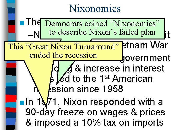 Nixonomics ■ The economy was a“Nixonomics” challenge: Democrats coined to describe Nixon’s failed plan