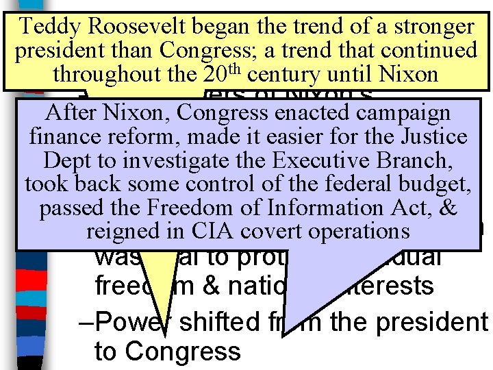 The Watergate Scandal Teddy Roosevelt began the trend of a stronger president than Congress;