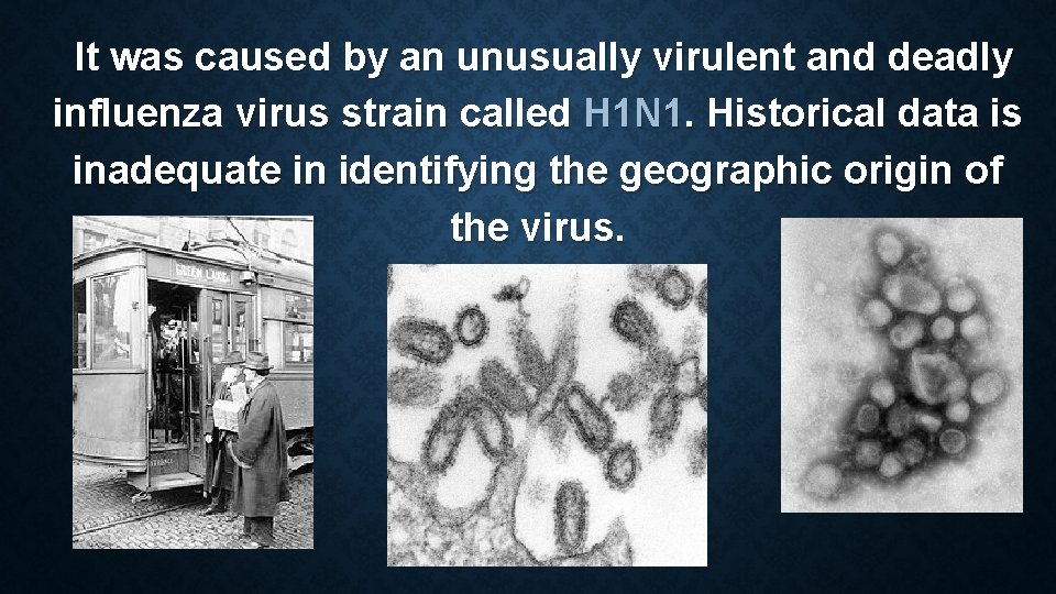 It was caused by an unusually virulent and deadly influenza virus strain called H