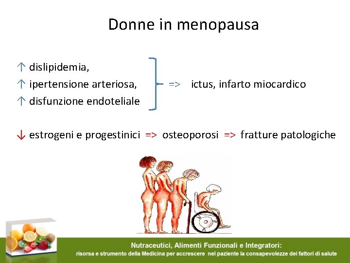 Donne in menopausa ↑ dislipidemia, ↑ ipertensione arteriosa, ↑ disfunzione endoteliale => ictus, infarto