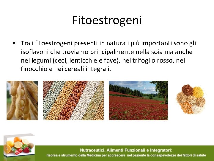 Fitoestrogeni • Tra i fitoestrogeni presenti in natura i più importanti sono gli isoflavoni