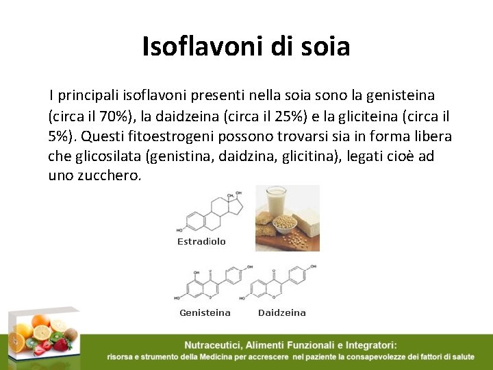 Isoflavoni di soia I principali isoflavoni presenti nella soia sono la genisteina (circa il