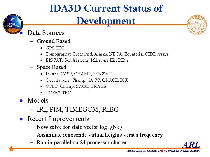 IDA 3 D Current Status of Development · Data Sources - Ground Based ·