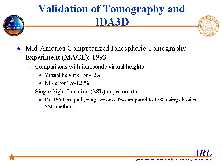 Validation of Tomography and IDA 3 D · Mid-America Computerized Ionospheric Tomography Experiment (MACE):