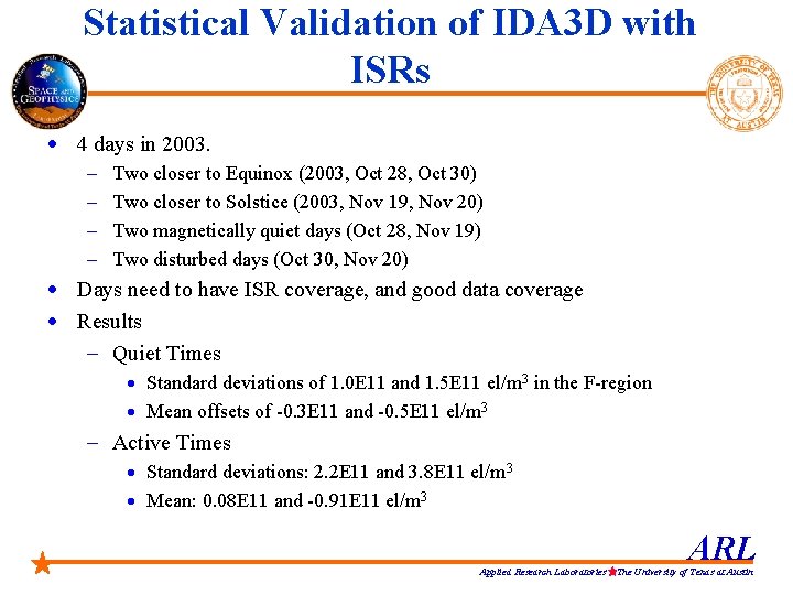 Statistical Validation of IDA 3 D with ISRs · 4 days in 2003. -