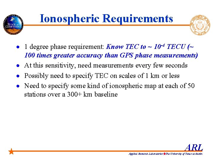 Ionospheric Requirements · 1 degree phase requirement: Know TEC to ~ 10 -4 TECU