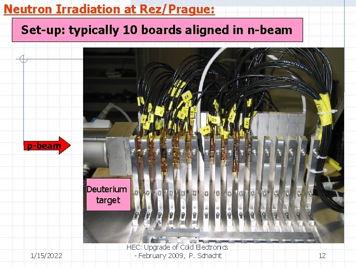 Neutron Irradiation at Rez/Prague: Set-up: typically 10 boards aligned in n-beam p-beam Deuterium target