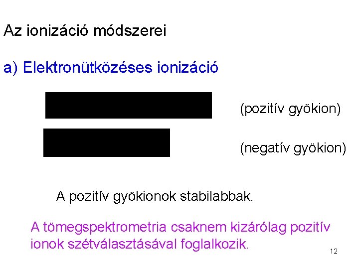 Az ionizáció módszerei a) Elektronütközéses ionizáció (pozitív gyökion) (negatív gyökion) A pozitív gyökionok stabilabbak.