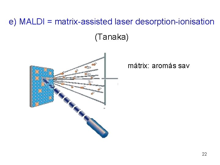 e) MALDI = matrix-assisted laser desorption-ionisation (Tanaka) mátrix: aromás sav 22 