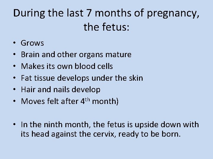 During the last 7 months of pregnancy, the fetus: • • • Grows Brain