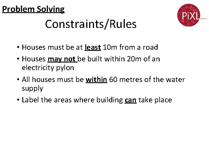 Problem Solving Constraints/Rules • Houses must be at least 10 m from a road