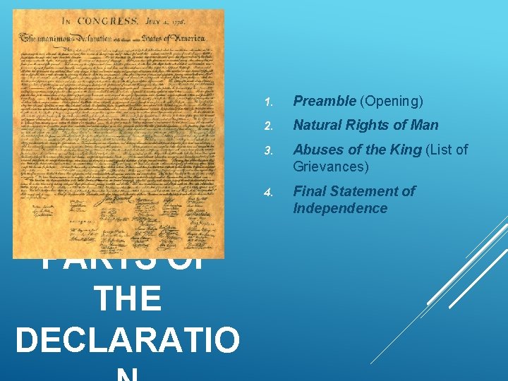 PARTS OF THE DECLARATIO 1. Preamble (Opening) 2. Natural Rights of Man 3. Abuses