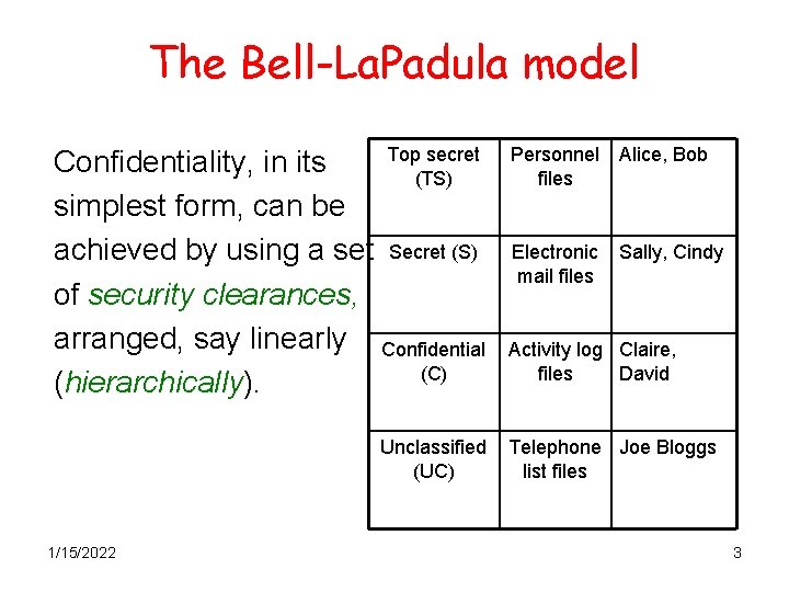 The Bell-La. Padula model Top secret Confidentiality, in its (TS) simplest form, can be