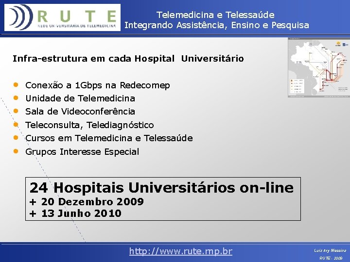 Telemedicina e Telessaúde Integrando Assistência, Ensino e Pesquisa Infra-estrutura em cada Hospital Universitário •