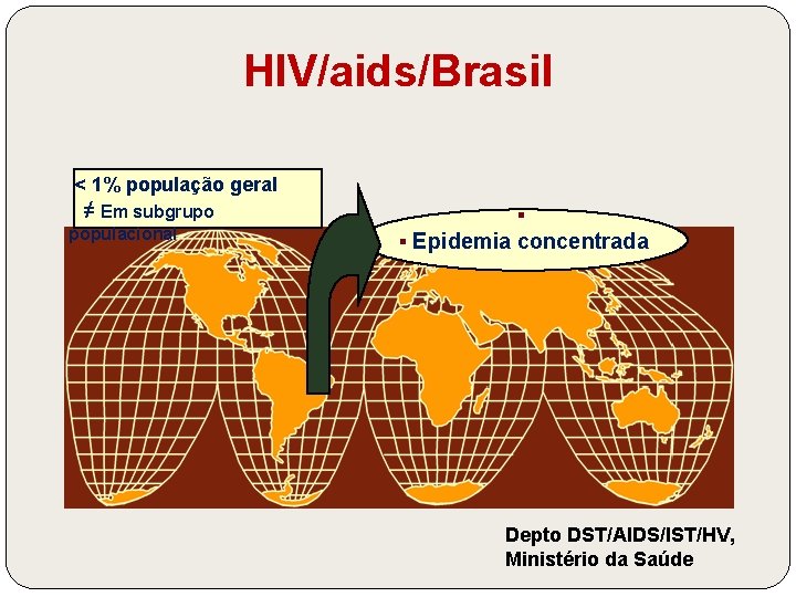 HIV/aids/Brasil < 1% população geral ≠ Em subgrupo populacional § § Epidemia concentrada Depto