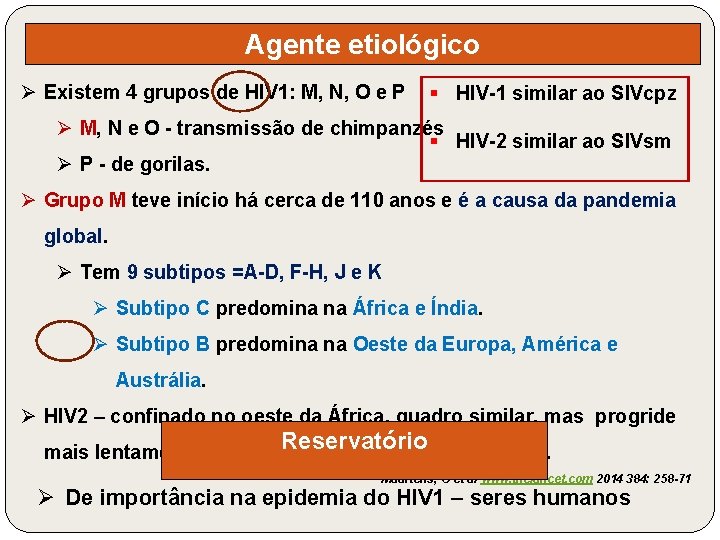 Agente etiológico Ø Existem 4 grupos de HIV 1: M, N, O e P