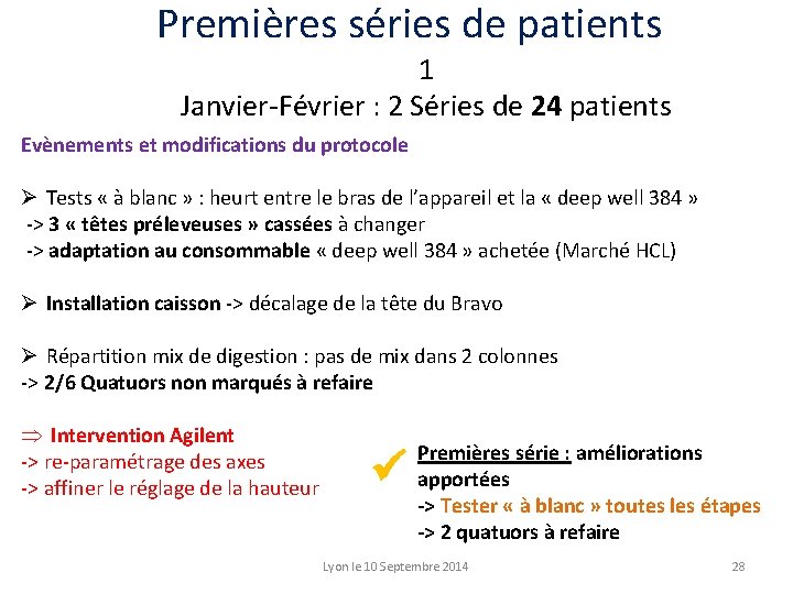 Premières séries de patients 1 Janvier-Février : 2 Séries de 24 patients Evènements et