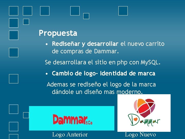 Propuesta • Rediseñar y desarrollar el nuevo carrito de compras de Dammar. Se desarrollara