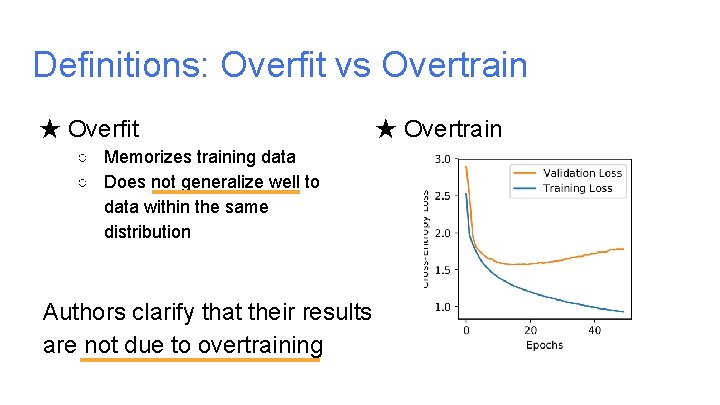 Definitions: Overfit vs Overtrain ★ Overfit ○ Memorizes training data ○ Does not generalize Definitions: Overfit vs Overtrain ★ Overfit ○ Memorizes training data ○ Does not generalize