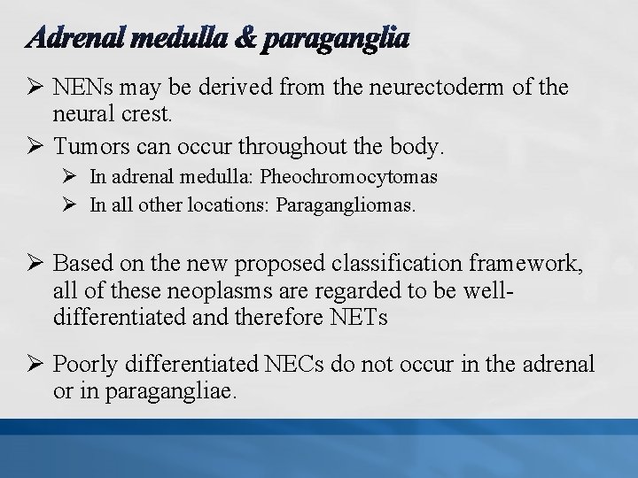 Ø NENs may be derived from the neurectoderm of the neural crest. Ø Tumors