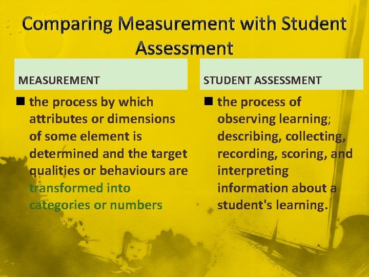 Comparing Measurement with Student Assessment MEASUREMENT STUDENT ASSESSMENT n the process by which attributes