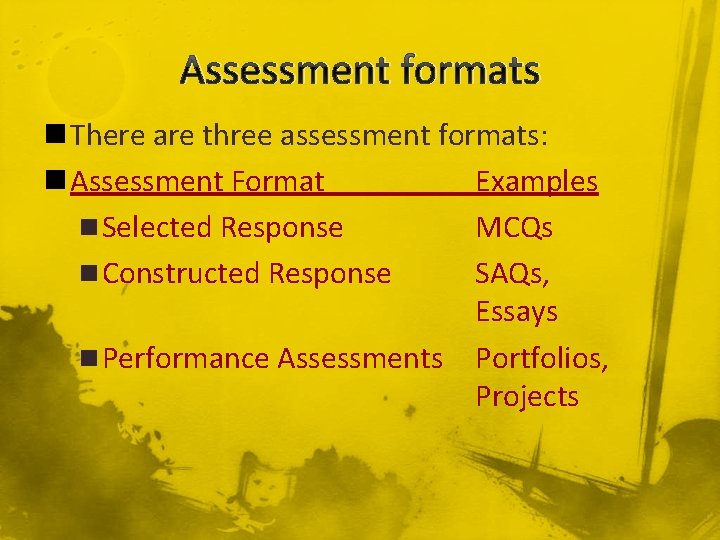 Assessment formats n There are three assessment formats: n Assessment Format Examples n Selected