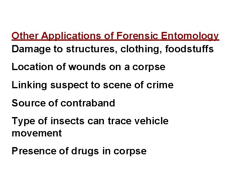 Other Applications of Forensic Entomology Damage to structures, clothing, foodstuffs Location of wounds on Other Applications of Forensic Entomology Damage to structures, clothing, foodstuffs Location of wounds on