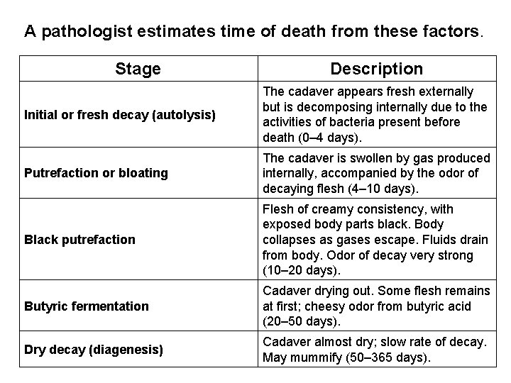 A pathologist estimates time of death from these factors. Stage Description Initial or fresh