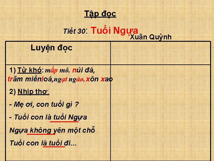 Tập đọc Tiết 30: Tuổi Ngựa Luyện đọc 1) Từ khó: mấp mô, núi