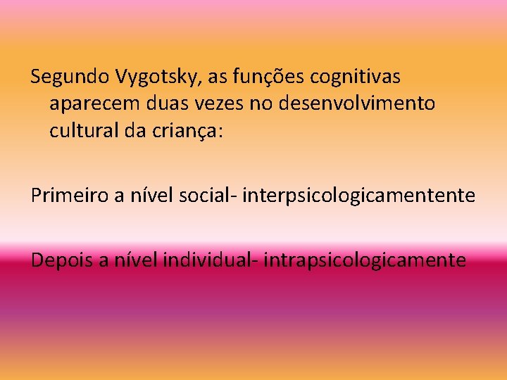 Segundo Vygotsky, as funções cognitivas aparecem duas vezes no desenvolvimento cultural da criança: Primeiro