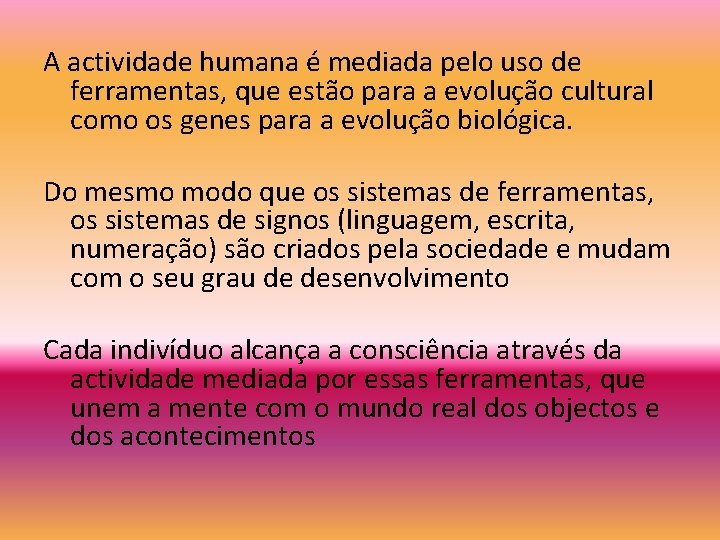 A actividade humana é mediada pelo uso de ferramentas, que estão para a evolução