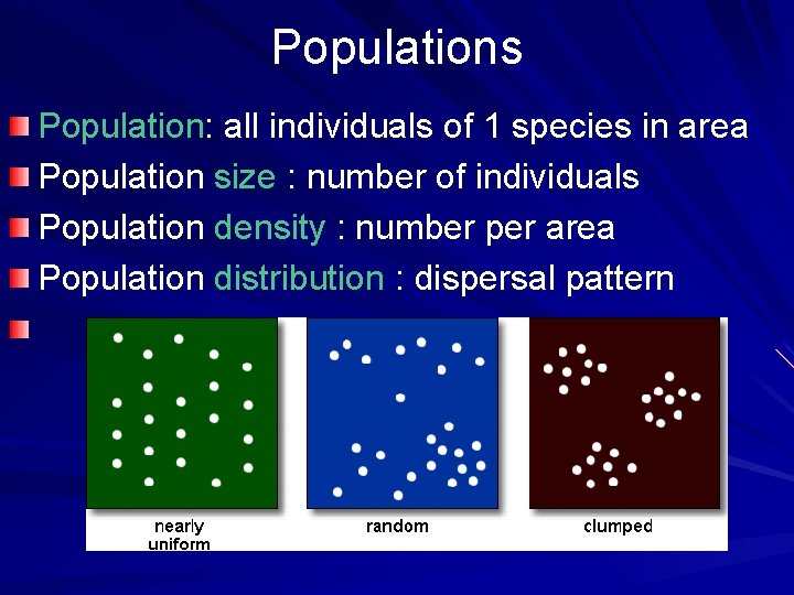 Populations Population: all individuals of 1 species in area Population size : number of