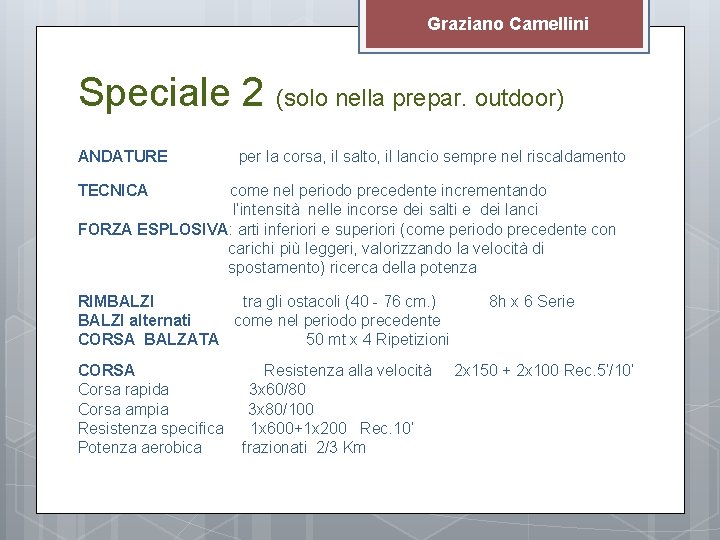 Graziano Camellini Speciale 2 (solo nella prepar. outdoor) ANDATURE per la corsa, il salto,