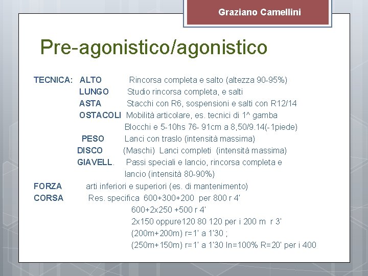 Graziano Camellini Pre-agonistico/agonistico TECNICA: ALTO LUNGO ASTA OSTACOLI FORZA CORSA Rincorsa completa e salto