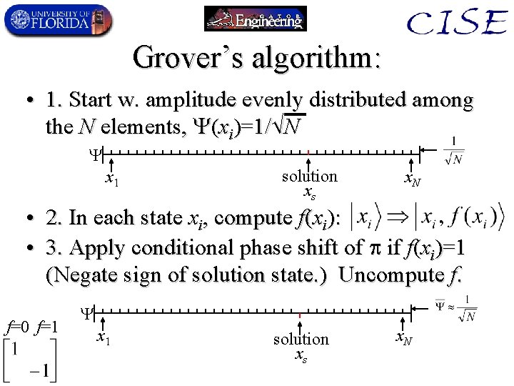 Grover’s algorithm: • 1. Start w. amplitude evenly distributed among the N elements, (xi)=1/