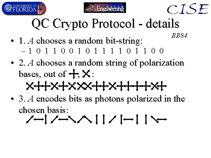 QC Crypto Protocol - details • 1. A chooses a random bit-string: BB 84
