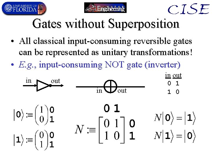 Gates without Superposition • All classical input-consuming reversible gates can be represented as unitary