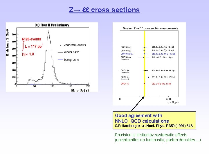 Z→ ℓℓ cross sections Good agreement with NNLO QCD calculations C. R. Hamberg et