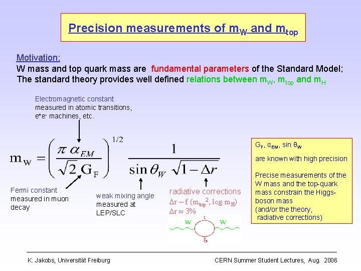 Precision measurements of m. W and mtop Motivation: W mass and top quark mass