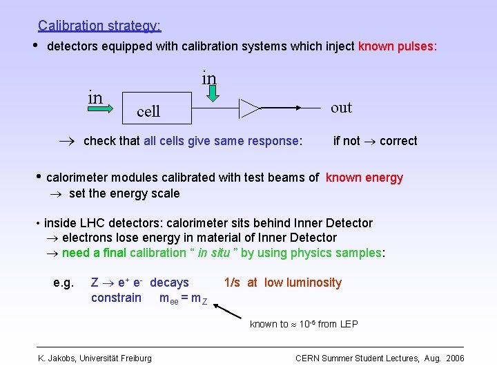 Calibration strategy: • detectors equipped with calibration systems which inject known pulses: in out